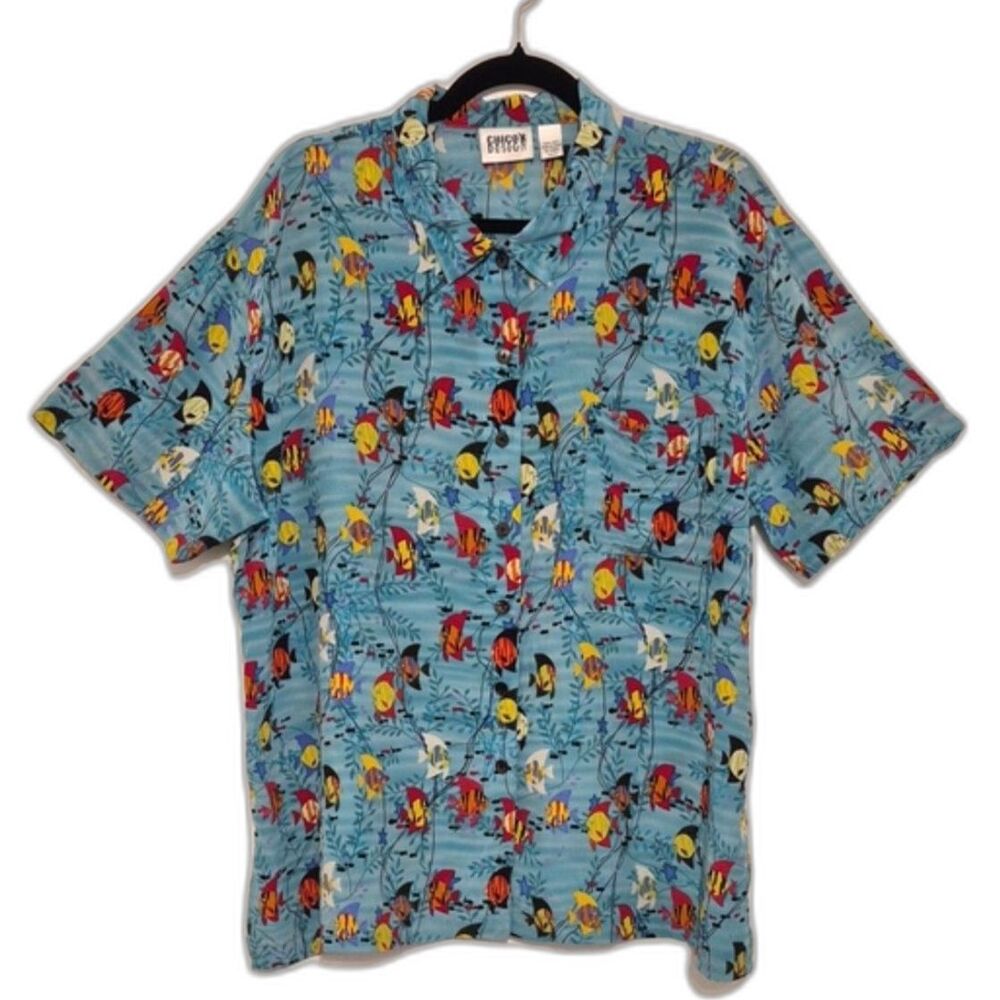 Vintage Chico's Design 100% Silk Camp Shirt 3 XL Tropical Fish Button Up